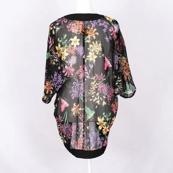 Sheer Floral Cover Up Kaftan Wrap Kimono Boho Cottage Floral Fairy Birds MEDIUM - Picture 4 of 6